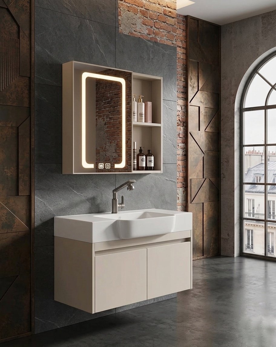 Meuble de Salle de Bain Suspendu “L’Industriel” – Design Gain de Place & Miroir LED Intelligent