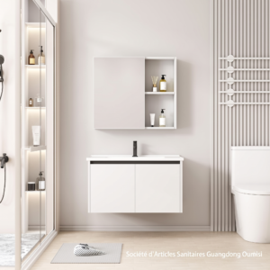 Ensemble Meuble de Salle de Bain Suspendu Blanc 80 cm avec Armoire de Toilette Miroir et Étagères Latérales
