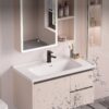 Pack Ensemble Meuble de Salle de Bain Suspendu avec Grande Armoire de Toilette Miroir Coulissant et Étagères Ouvertes - 110 cm (Couleur Café au Lait / Nude)
