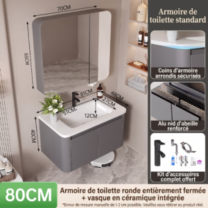 Ensemble Meuble de Salle de Bain Suspendu 80 cm Gris avec Armoire de Toilette Ronde Entièrement Fermée et Vasque en Céramique Intégrée