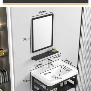 Ensemble Lave-Mains Suspendu Minimaliste 50 cm avec Structure Métal Noir, Étagère et Miroir Rectangulaire