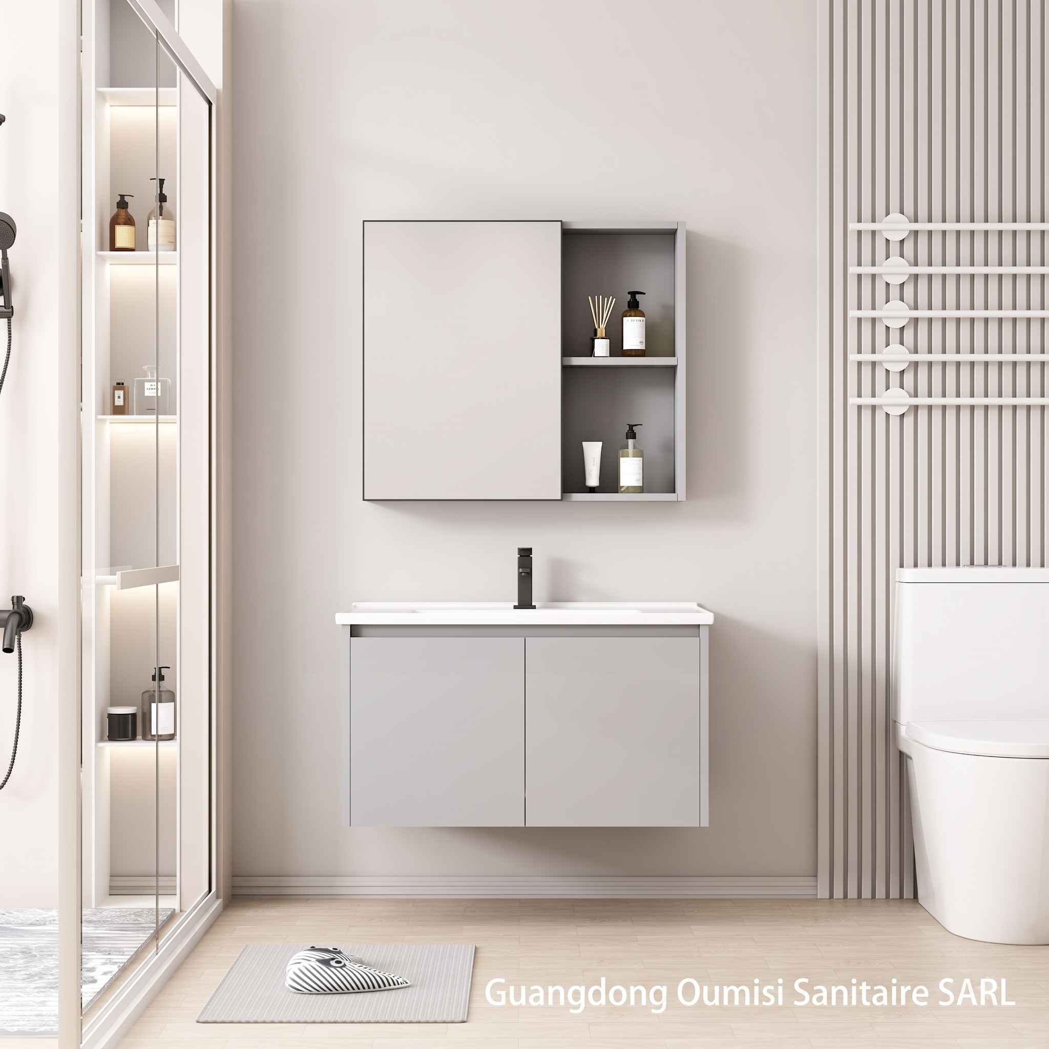 Meuble de Salle de Bain Suspendu 80 cm avec Armoire de Toilette à Miroir (700x600mm) - Gris Moderne