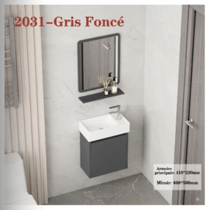 Ensemble Lave-Mains Suspendu Compact 2031 - Gris Foncé avec Miroir et Étagère
