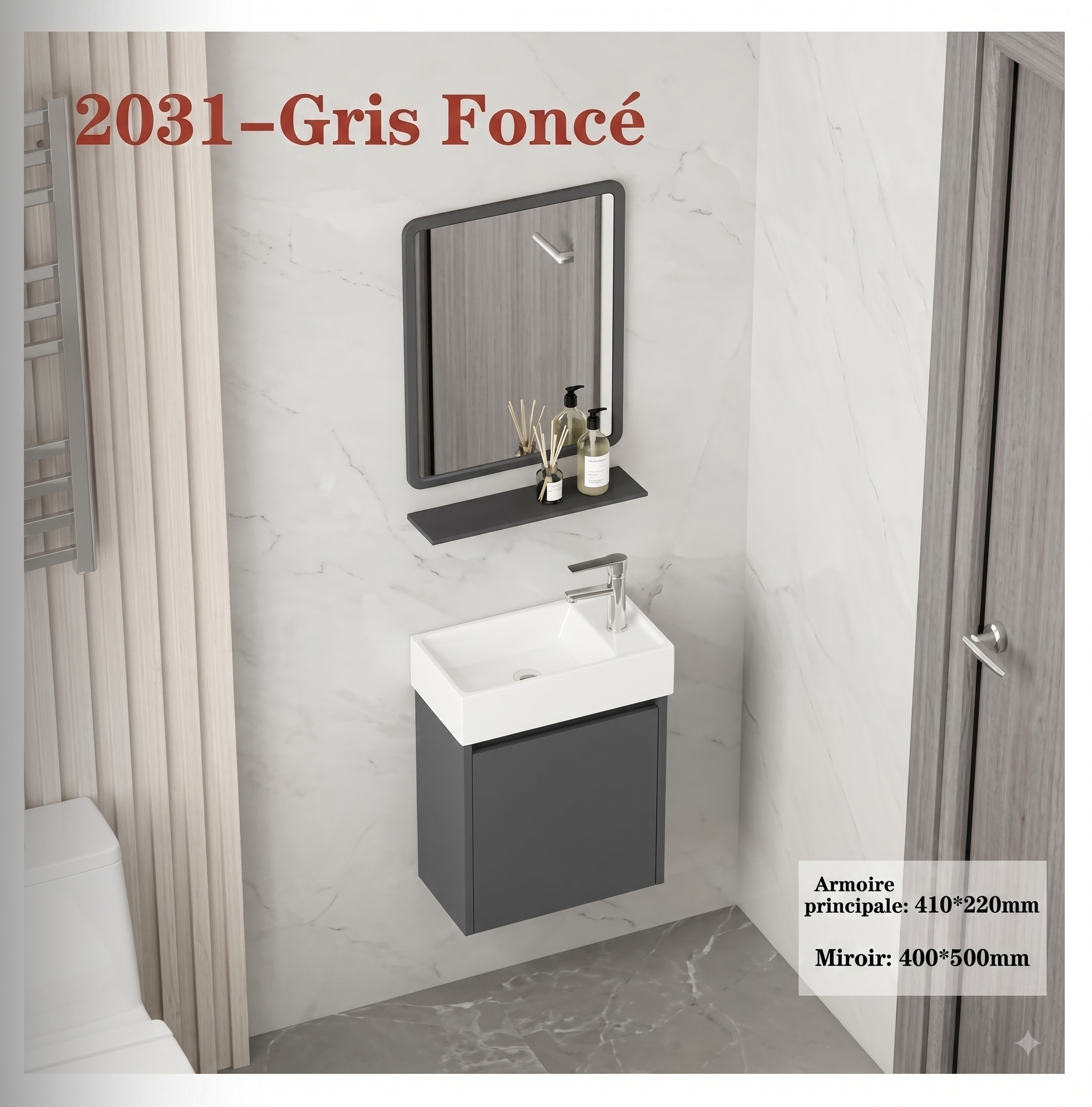 Ensemble Lave-Mains Suspendu Compact 2031 - Gris Foncé avec Miroir et Étagère