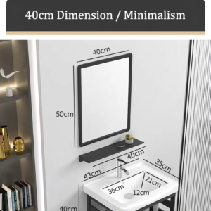 Ensemble Lave-Mains Suspendu Minimaliste 43 cm avec Structure Métal Noir, Étagère et Miroir Encadré
