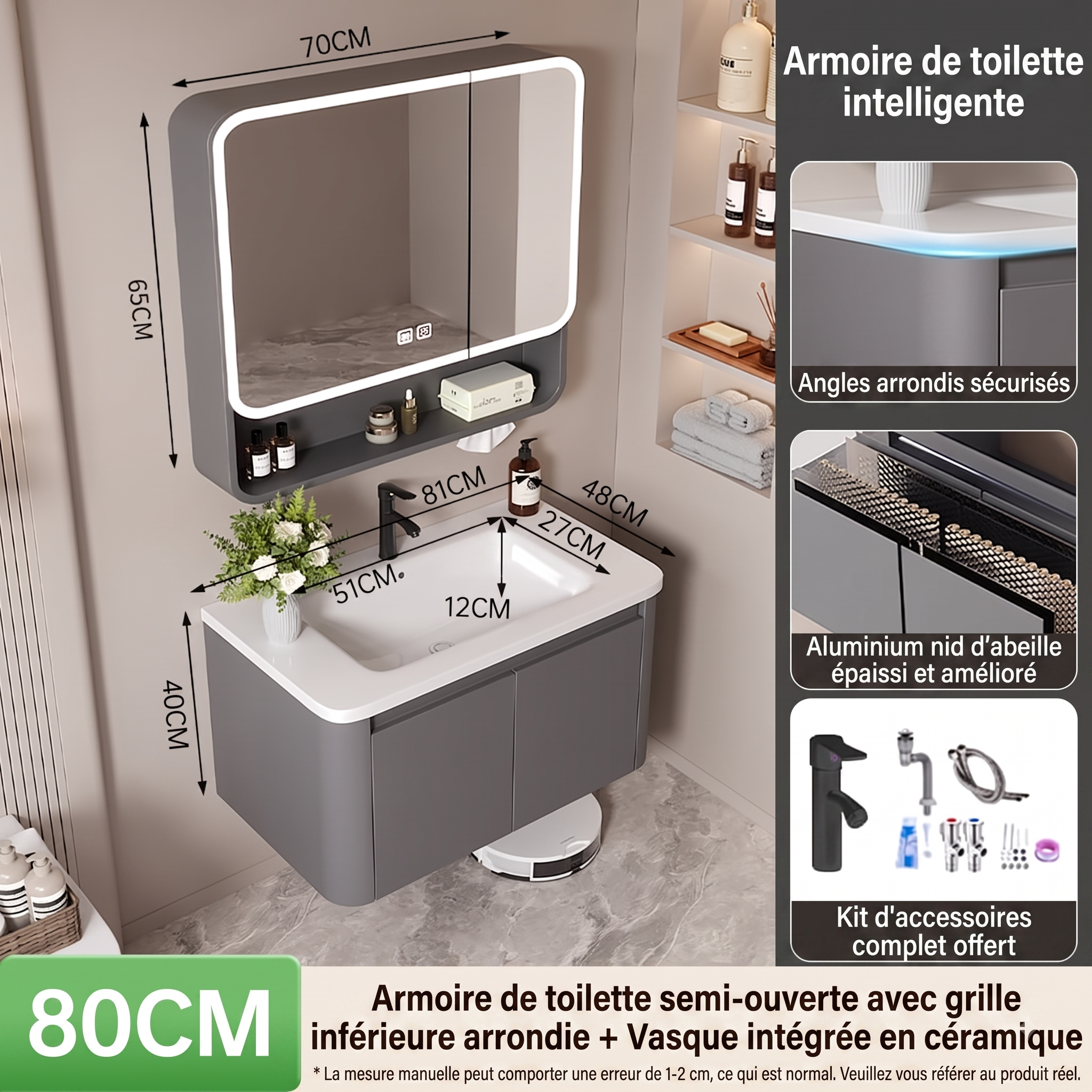 Ensemble Meuble de Salle de Bain Suspendu 80 cm Gris avec Armoire de Toilette Intelligente Semi-Ouverte et Vasque Intégrée en Céramique