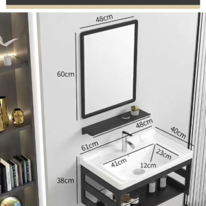 Ensemble Meuble Vasque Suspendu Minimaliste 60 cm avec Structure Métal Noir, Étagère et Miroir Encadré
