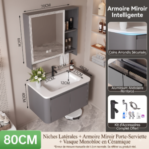 Ensemble Meuble de Salle de Bain Suspendu 80 cm Gris avec Armoire Miroir Intelligente (Niches et Porte-Serviette) et Vasque Monobloc en Céramique