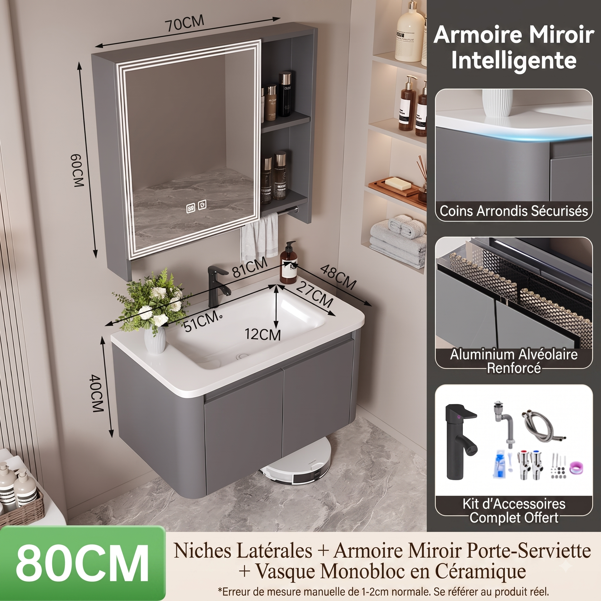 Ensemble Meuble de Salle de Bain Suspendu 80 cm Gris avec Armoire Miroir Intelligente (Niches et Porte-Serviette) et Vasque Monobloc en Céramique