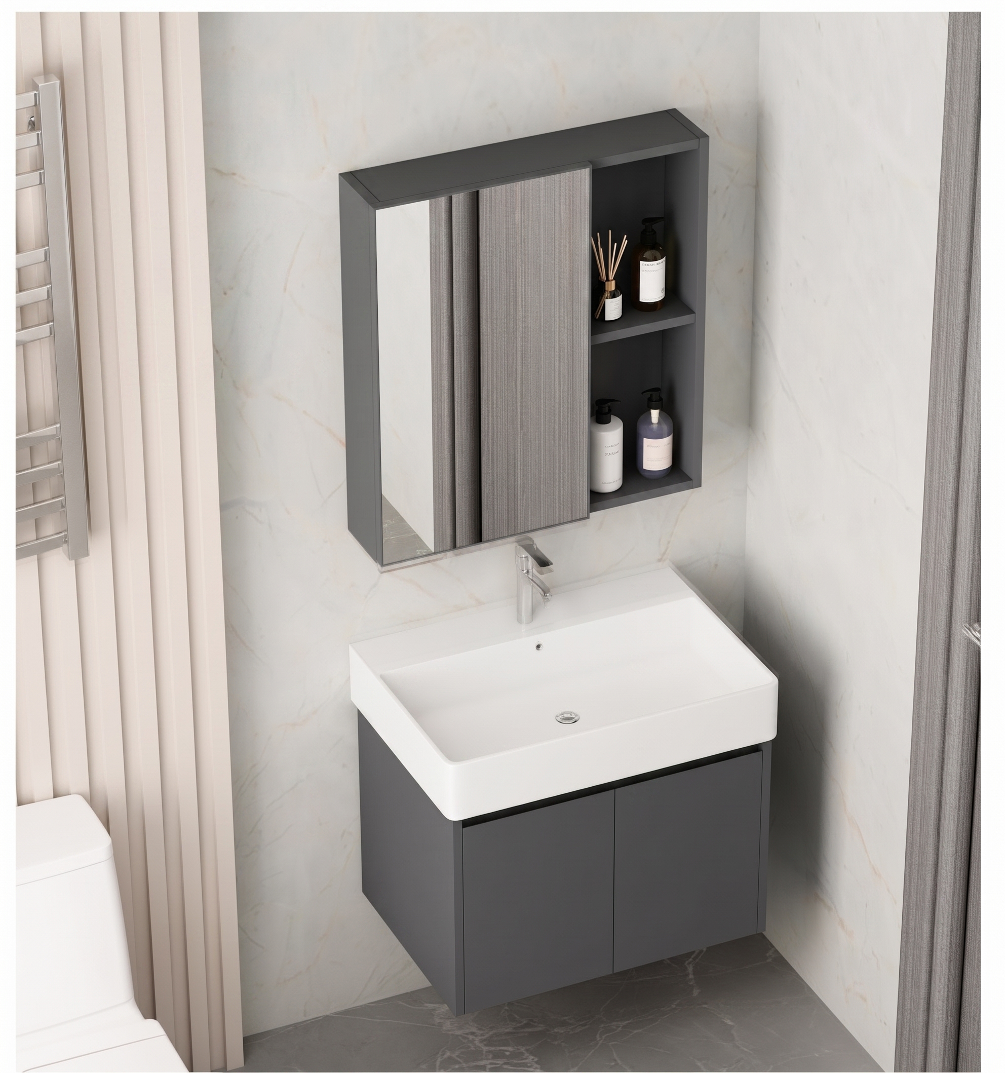 Ensemble Meuble Vasque Suspendu avec Armoire de Toilette (Modèle 2031) - Aluminium Nid d'Abeille Gris Foncé