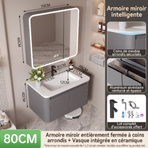 Ensemble Meuble de Salle de Bain Suspendu 80 cm Gris avec Armoire Miroir Intelligente Entièrement Fermée à Coins Arrondis et Vasque Intégrée en Céramique
