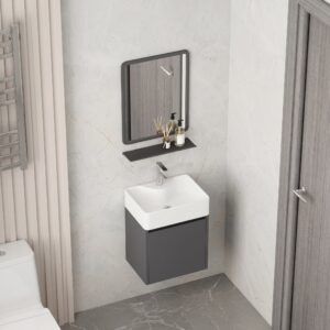 Ensemble Lave-Mains Suspendu Compact 2031 (40x30 cm) - Gris Foncé avec Miroir et Étagère