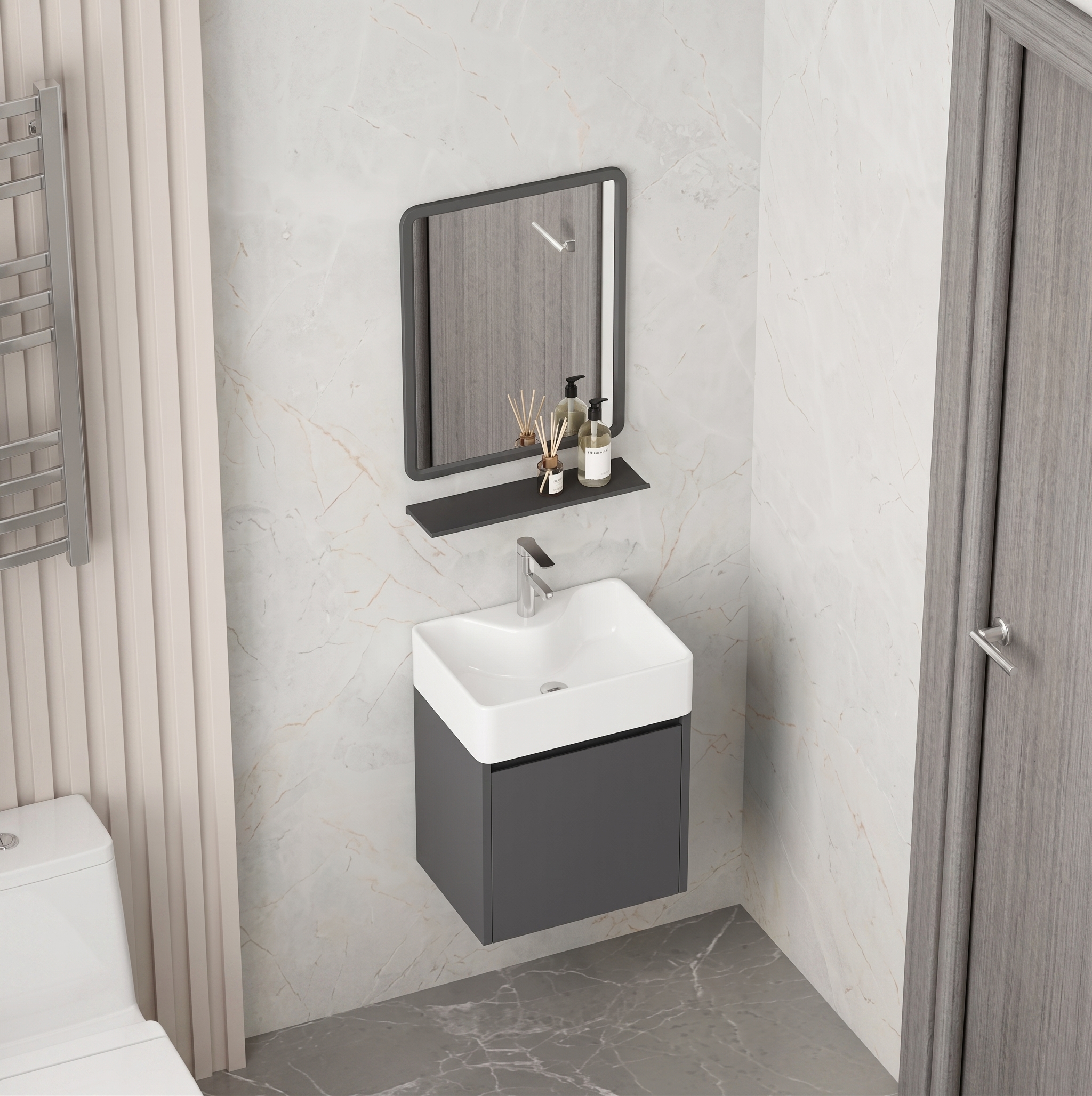 Ensemble Lave-Mains Suspendu Compact 2031 (40x30 cm) - Gris Foncé avec Miroir et Étagère