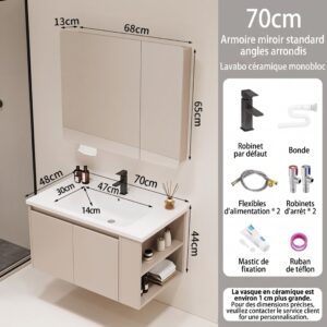 Ensemble Meuble de Salle de Bain Suspendu 70 cm avec Lavabo Céramique Monobloc et Armoire Miroir Standard (Angles Arrondis)