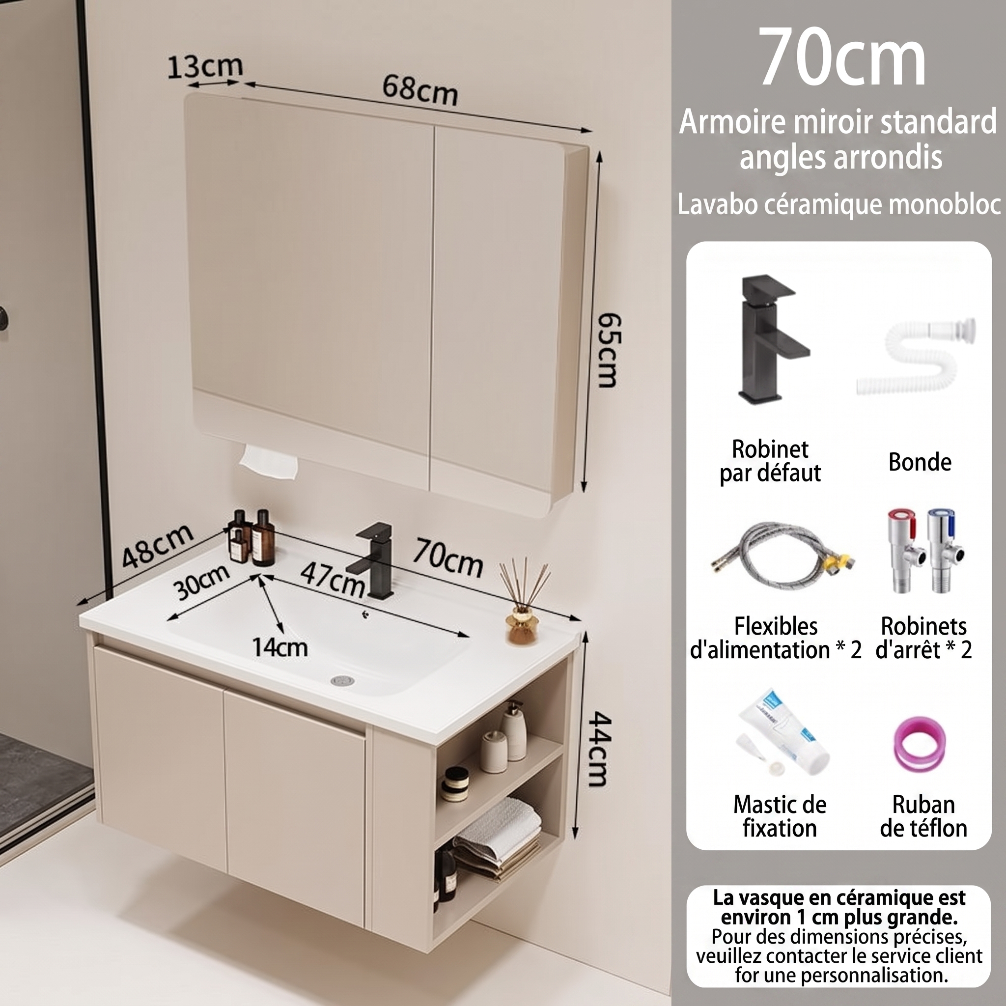 Pack Ensemble Meuble de Salle de Bain Suspendu 70 cm avec Lavabo Céramique Monobloc et Armoire Miroir Standard (Angles Arrondis)