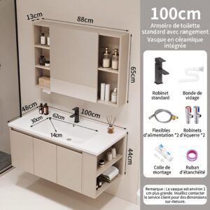 Ensemble Meuble de Salle de Bain Suspendu 100 cm avec Vasque en Céramique Intégrée et Armoire de Toilette Standard avec Rangement