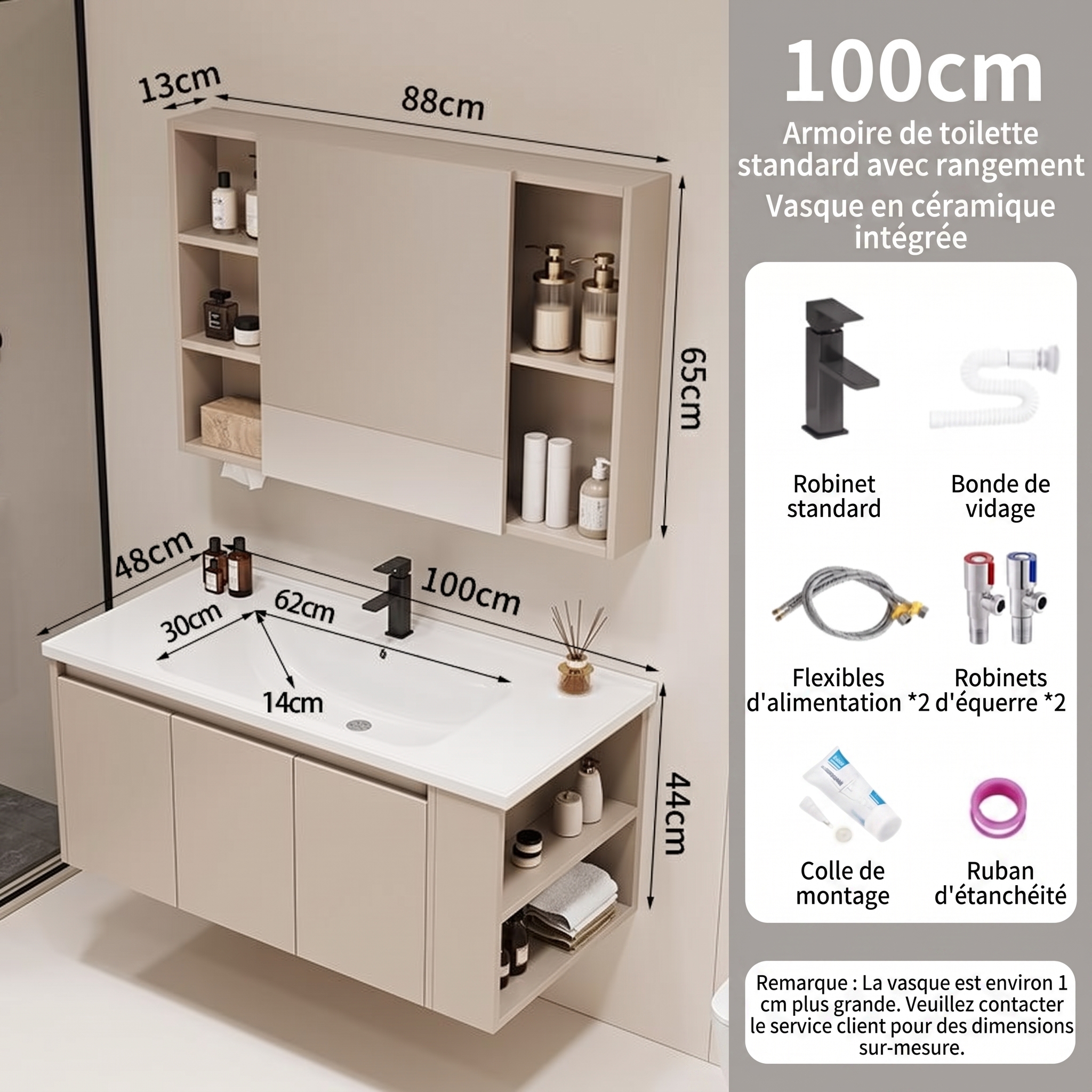 Pack Ensemble Meuble de Salle de Bain Suspendu 100 cm avec Vasque en Céramique Intégrée et Armoire de Toilette Standard avec Rangement
