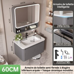 Ensemble Meuble de Salle de Bain Suspendu 60 cm Gris avec Armoire de Toilette Intelligente Semi-Fermée et Vasque Céramique Monobloc