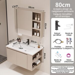 Ensemble Meuble de Salle de Bain Suspendu 80 cm avec Vasque Monobloc en Céramique et Armoire Miroir de Rangement