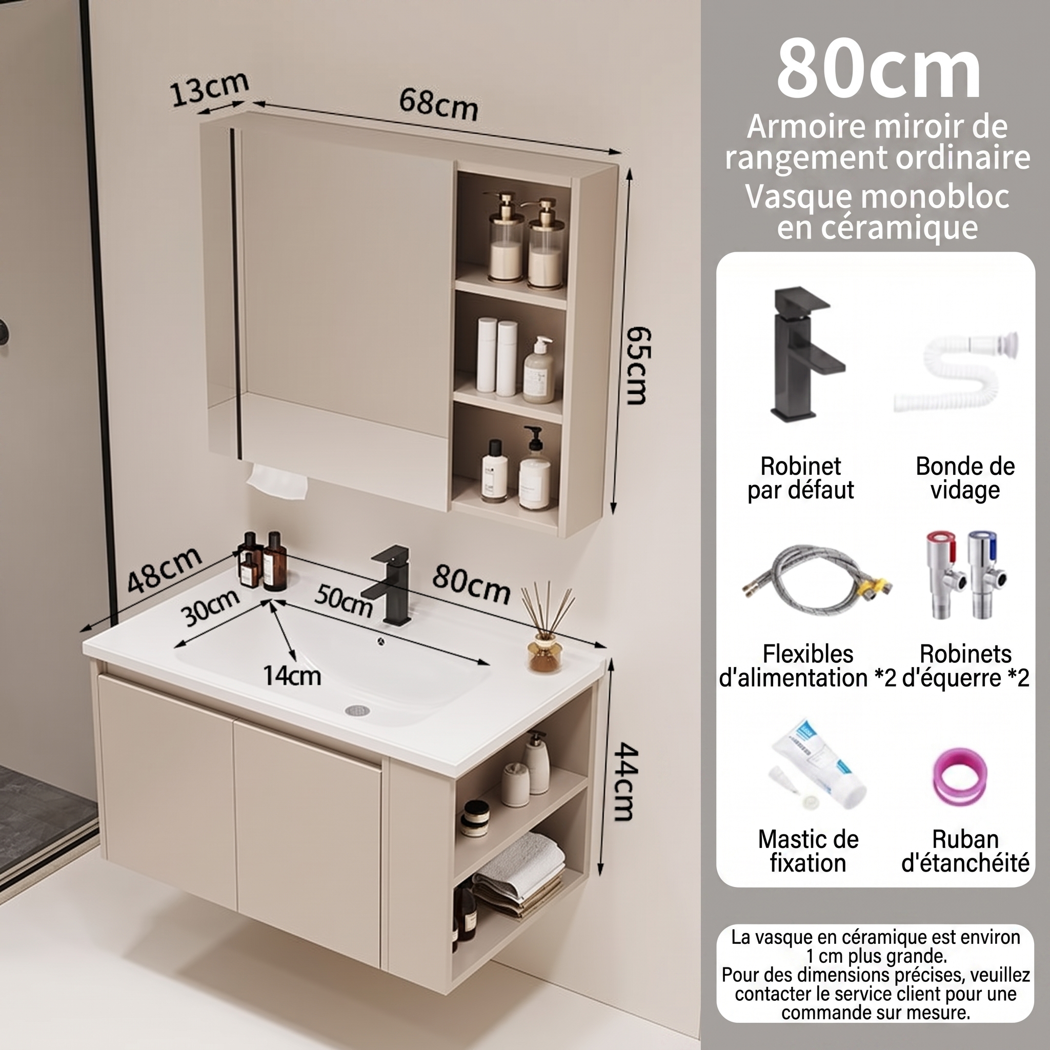 Pack Ensemble Meuble de Salle de Bain Suspendu 80 cm avec Vasque Monobloc en Céramique et Armoire Miroir de Rangement