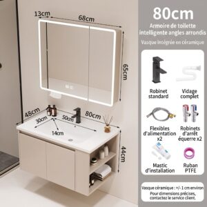 Ensemble Meuble de Salle de Bain Suspendu 80 cm avec Vasque Intégrée en Céramique et Armoire de Toilette Intelligente à Angles Arrondis