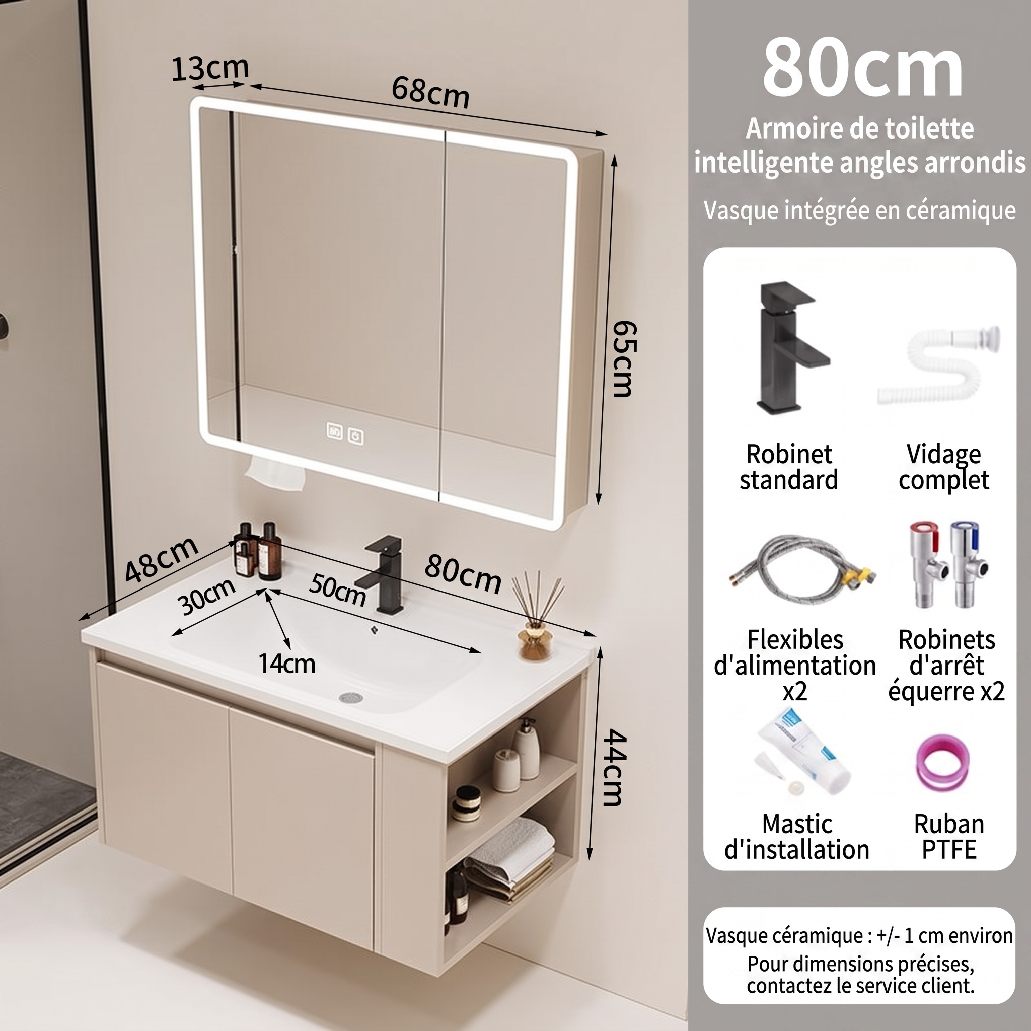 Pack Ensemble Meuble de Salle de Bain Suspendu 80 cm avec Vasque Intégrée en Céramique et Armoire de Toilette Intelligente à Angles Arrondis