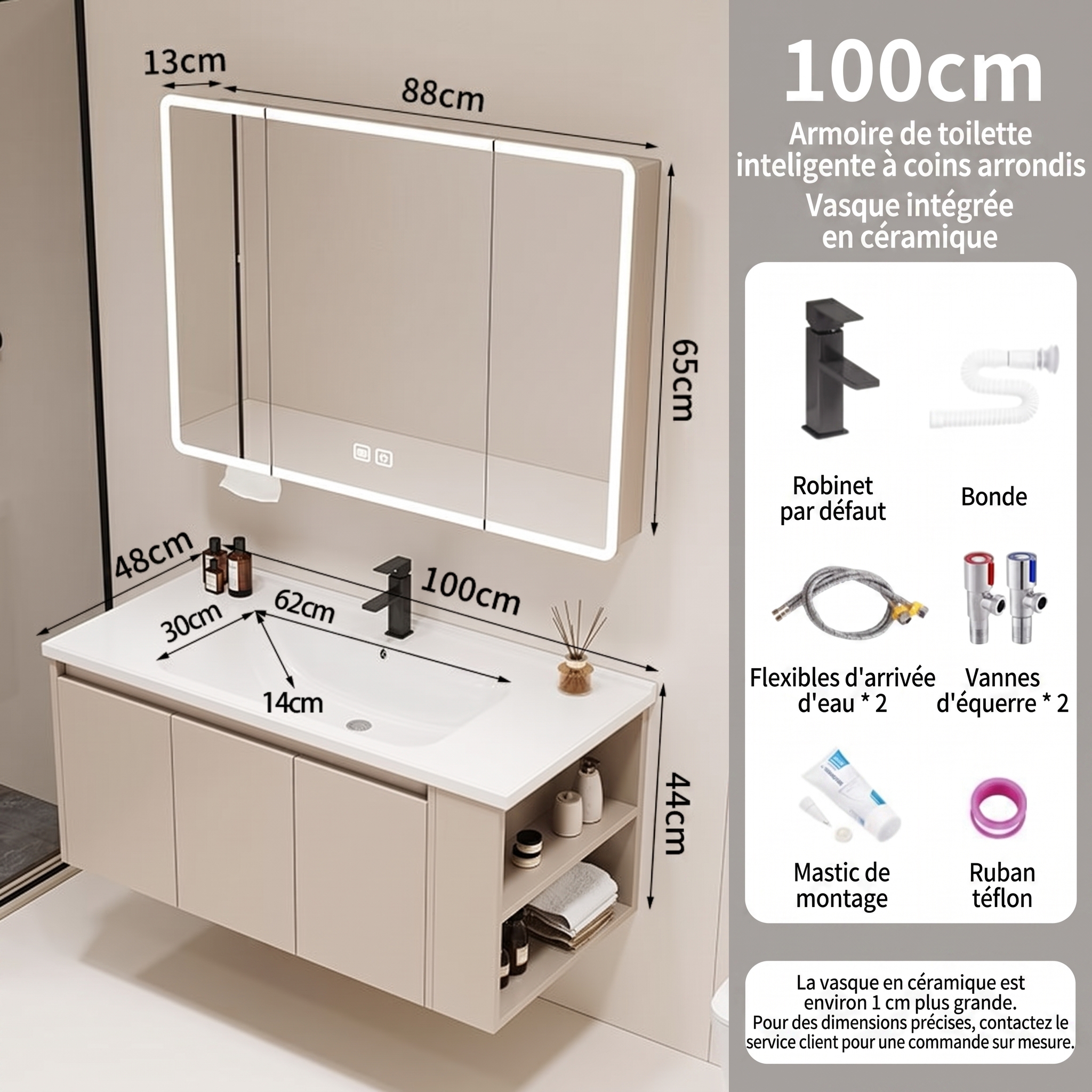 Pack Ensemble Meuble de Salle de Bain Suspendu 100 cm avec Vasque Intégrée en Céramique et Armoire de Toilette Intelligente (Coins Arrondis)