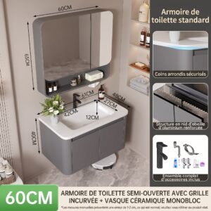Ensemble Meuble de Salle de Bain Suspendu 60 cm Gris avec Armoire de Toilette Semi-Ouverte et Vasque Céramique Monobloc