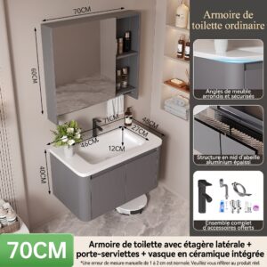 Ensemble Meuble de Salle de Bain Suspendu 70 cm Gris avec Armoire de Toilette (Étagère et Porte-serviettes) et Vasque en Céramique Intégrée
