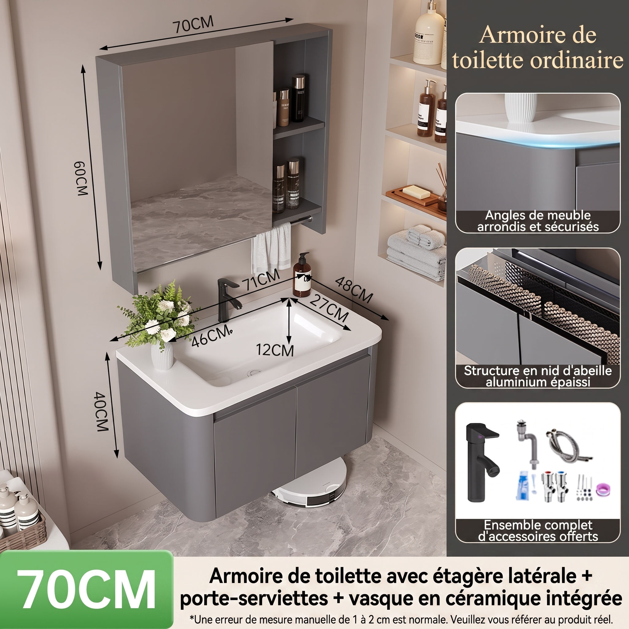 Ensemble Meuble de Salle de Bain Suspendu 70 cm Gris avec Armoire de Toilette (Étagère et Porte-serviettes) et Vasque en Céramique Intégrée