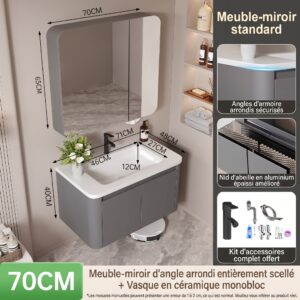 Ensemble Meuble de Salle de Bain Suspendu 70 cm Gris avec Meuble-Miroir Entièrement Scellé à Angles Arrondis et Vasque en Céramique Monobloc