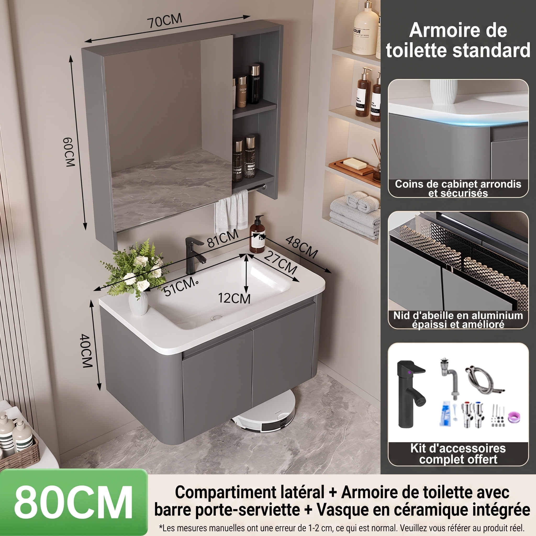 Ensemble Meuble de Salle de Bain Suspendu 80 cm Gris avec Armoire de Toilette (Compartiment Latéral et Porte-Serviette) et Vasque en Céramique Intégrée