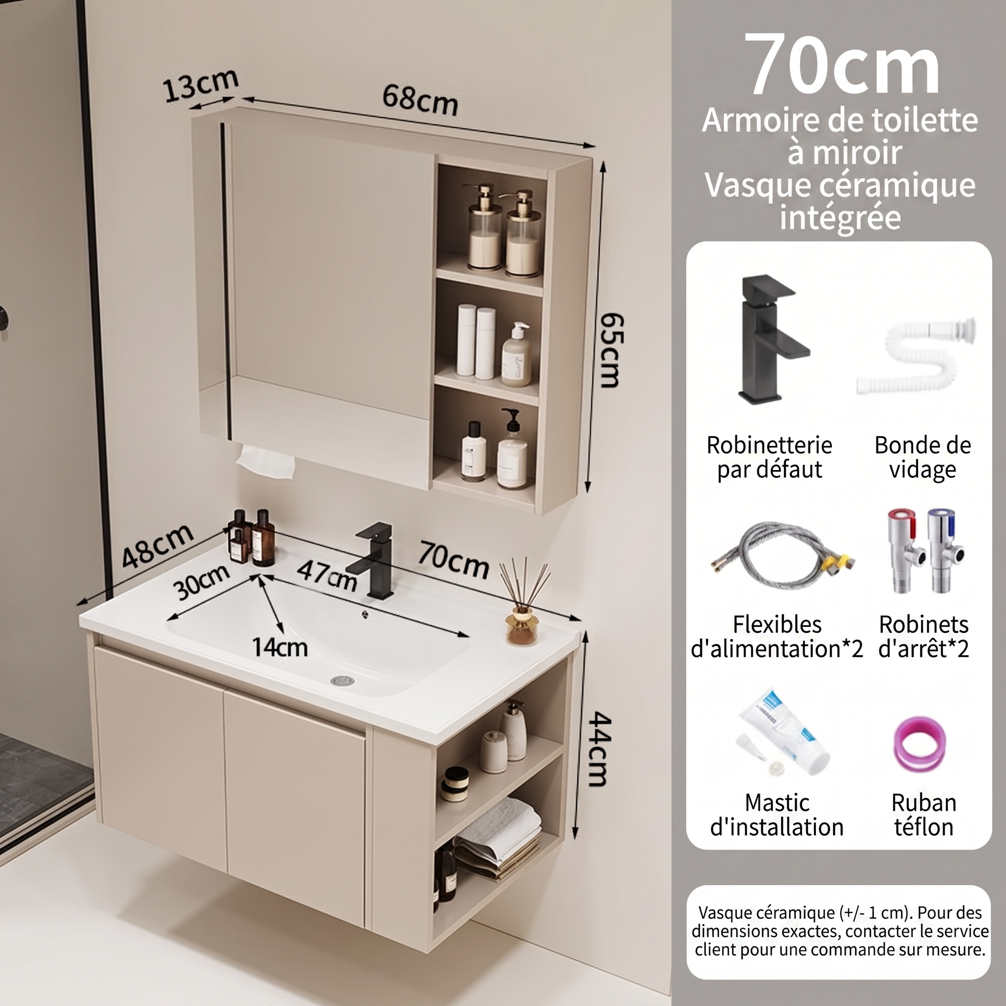 Ensemble Meuble de Salle de Bain Suspendu 70 cm avec Vasque en Céramique et Armoire de Toilette à Miroir