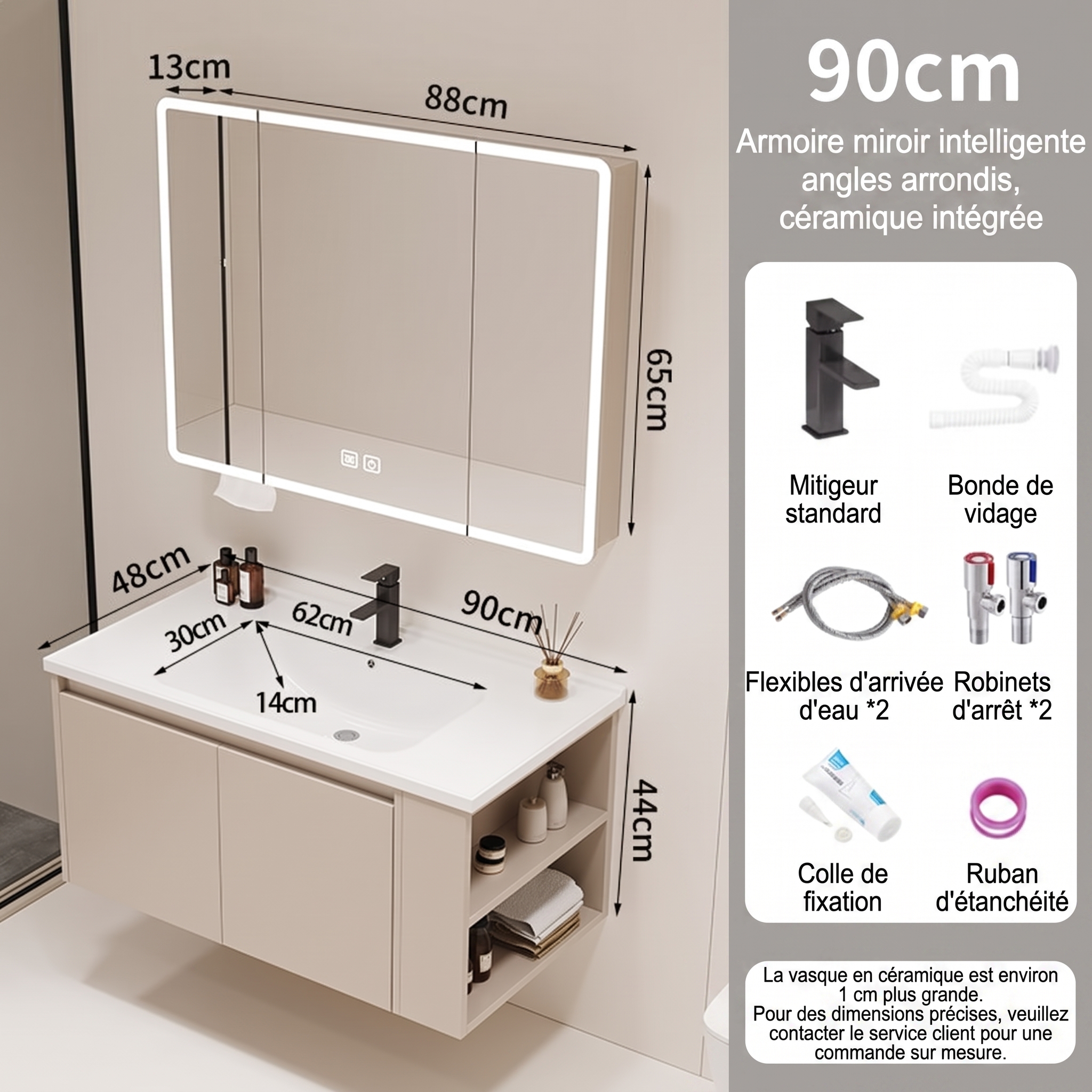 Pack Ensemble Meuble de Salle de Bain Suspendu 90 cm avec Vasque Intégrée en Céramique et Armoire Miroir Intelligente (Angles Arrondis)