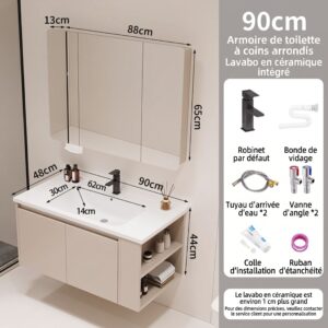 Ensemble Meuble de Salle de Bain Suspendu 90 cm avec Lavabo en Céramique Intégré et Armoire de Toilette à Coins Arrondis