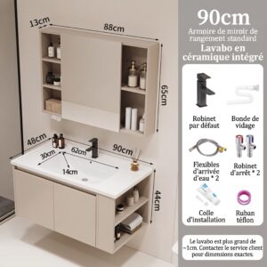 Ensemble Meuble de Salle de Bain Suspendu 90 cm avec Lavabo en Céramique Intégré et Armoire Miroir de Rangement Standard