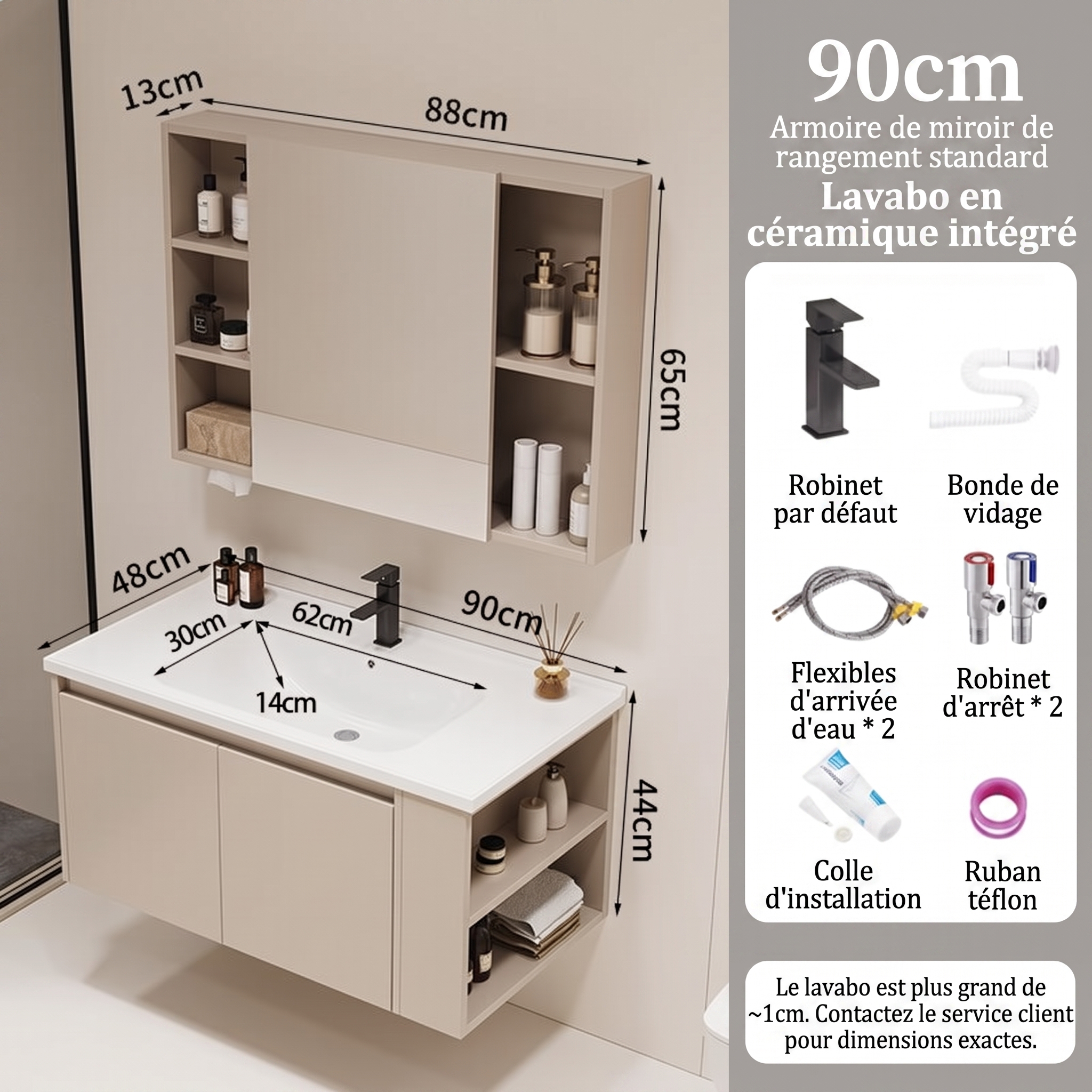 Pack Ensemble Meuble de Salle de Bain Suspendu 90 cm avec Lavabo en Céramique Intégré et Armoire Miroir de Rangement Standard