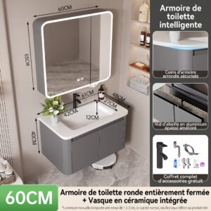Ensemble Meuble de Salle de Bain Suspendu 60 cm Gris avec Armoire de Toilette Intelligente Ronde et Vasque en Céramique Intégrée