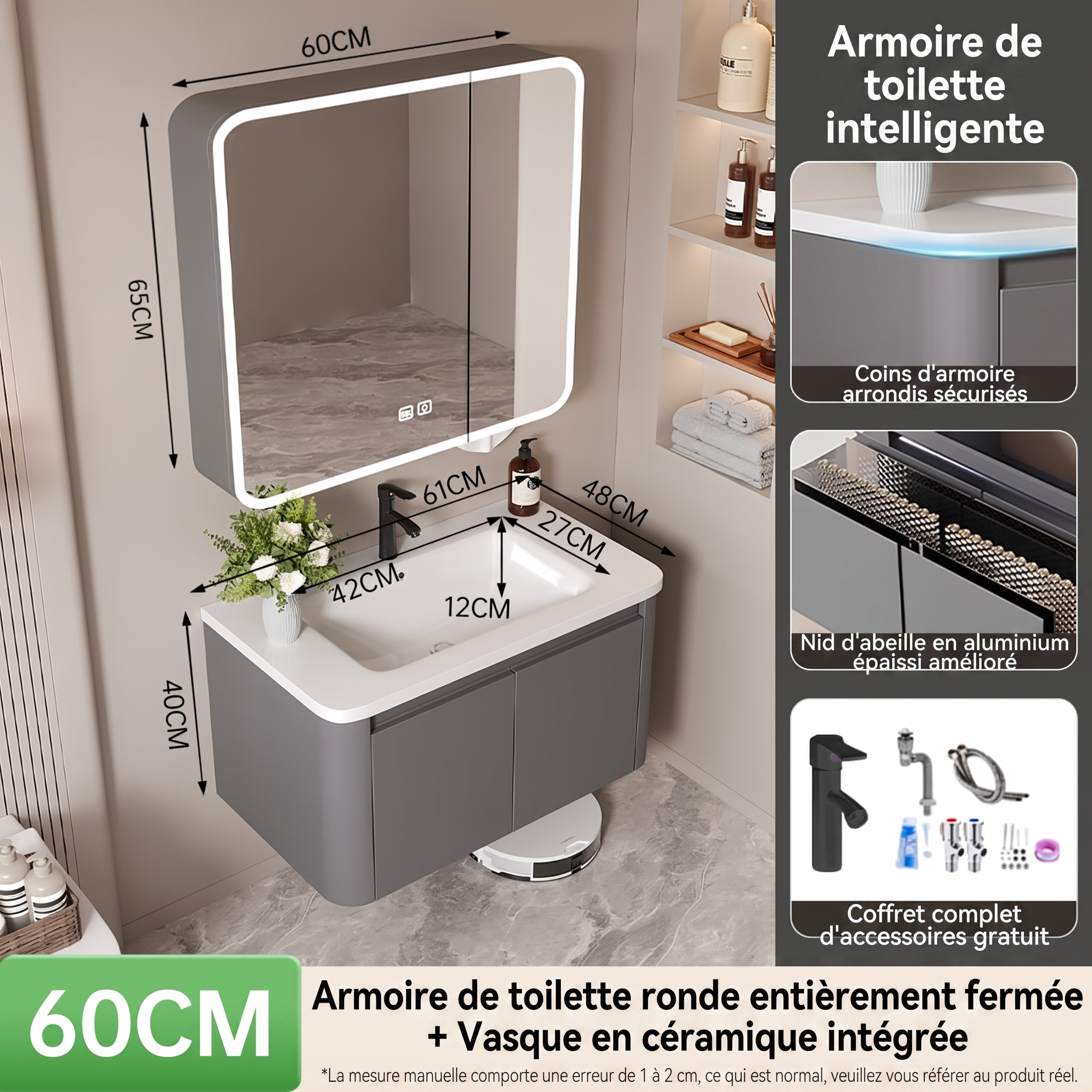 Ensemble Meuble de Salle de Bain Suspendu 60 cm Gris avec Armoire de Toilette Intelligente Ronde et Vasque en Céramique Intégrée