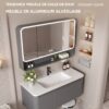 Ensemble Meuble de Salle de Bain Suspendu 70 cm Gris avec Armoire Miroir Intelligente Entièrement Fermée et Vasque en Céramique Intégrée