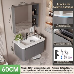 Ensemble Meuble de Salle de Bain Suspendu 60 cm Gris avec Armoire de Toilette Classique et Vasque en Céramique Intégrée