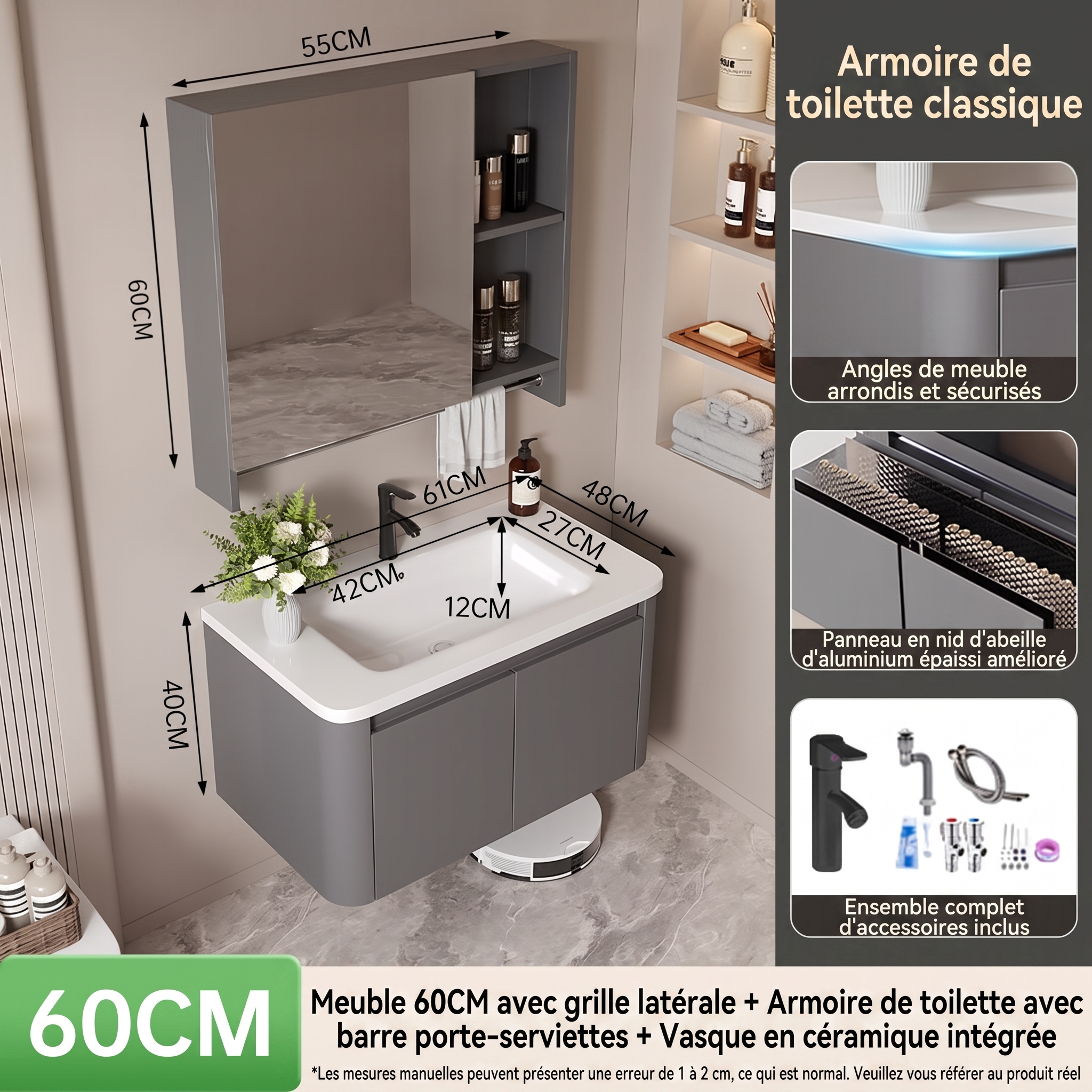 Ensemble Meuble de Salle de Bain Suspendu 60 cm Gris avec Armoire de Toilette Classique et Vasque en Céramique Intégrée