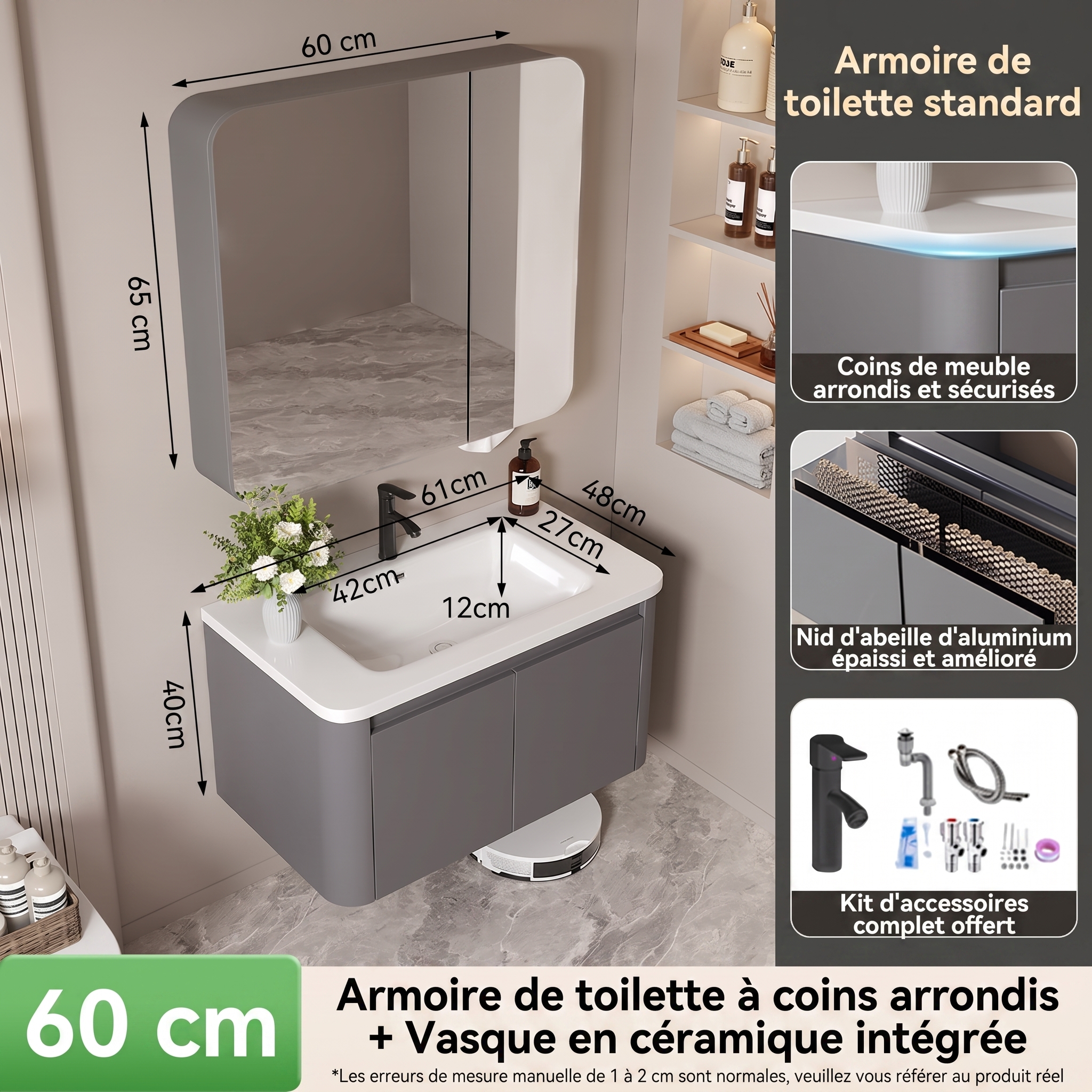 Ensemble Meuble de Salle de Bain Suspendu 60 cm Gris avec Armoire de Toilette à Coins Arrondis et Vasque en Céramique Intégrée