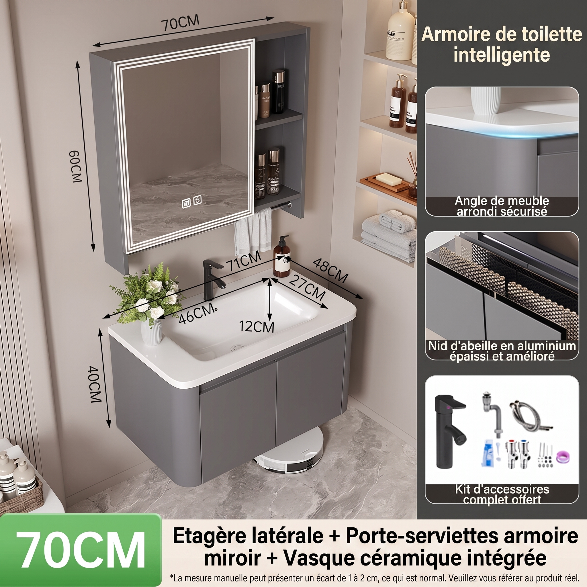 Ensemble Meuble de Salle de Bain Suspendu 70 cm Gris avec Armoire de Toilette Intelligente (Étagère et Porte-serviettes) et Vasque en Céramique Intégrée