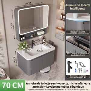 Ensemble Meuble de Salle de Bain Suspendu 70 cm Gris avec Armoire de Toilette Intelligente Semi-Ouverte et Lavabo Monobloc en Céramique