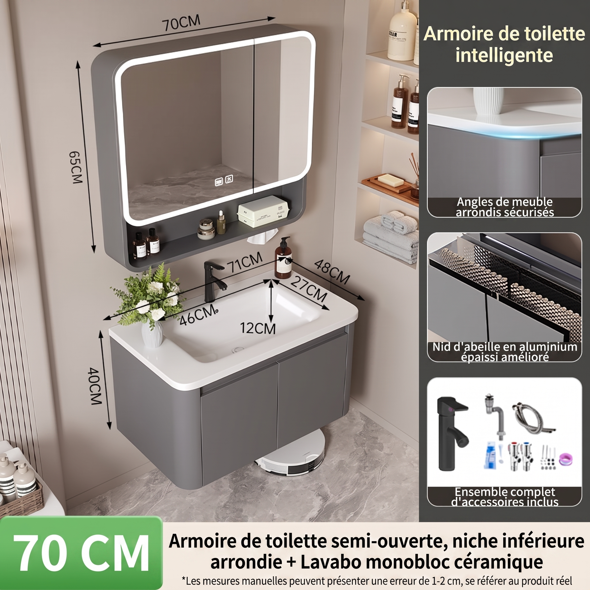 Ensemble Meuble de Salle de Bain Suspendu 70 cm Gris avec Armoire de Toilette Intelligente Semi-Ouverte et Lavabo Monobloc en Céramique