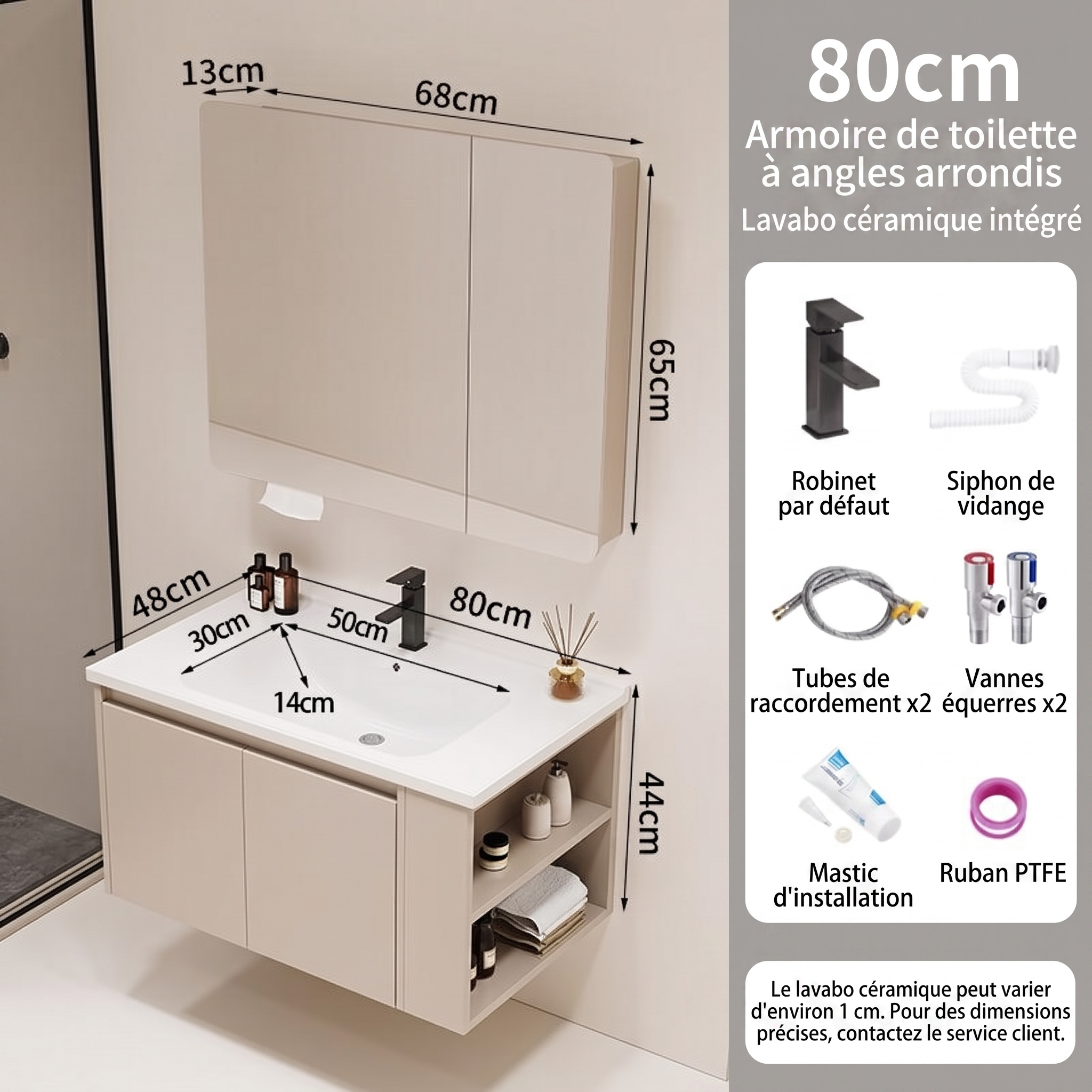 Pack Ensemble Meuble de Salle de Bain Suspendu 80 cm avec Lavabo Céramique Intégré et Armoire de Toilette à Angles Arrondis