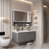 Ensemble Meuble de Salle de Bain Suspendu 70 cm Gris avec Armoire Miroir Intelligente Entièrement Fermée et Vasque en Céramique Intégrée