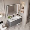 Ensemble Meuble de Salle de Bain Suspendu 60 cm Gris avec Armoire de Toilette Semi-Ouverte et Vasque Céramique Monobloc