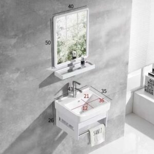Ensemble Lave-Mains Suspendu Compact 43 cm Blanc avec Miroir, Étagère et Porte-Serviette